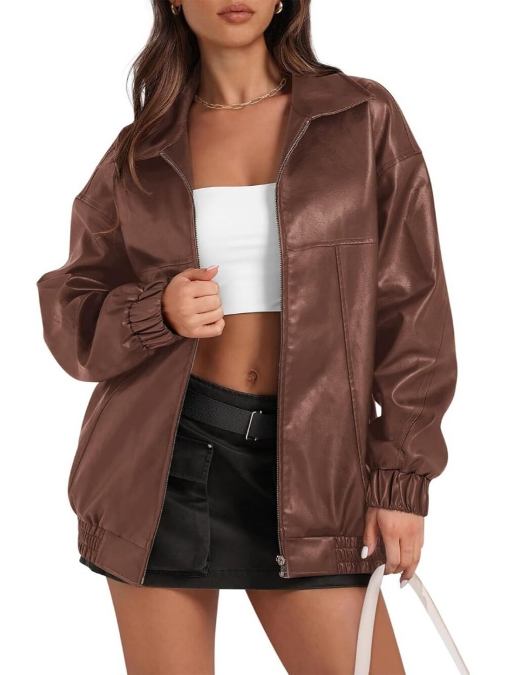 Women's Dark Brown Oversized Lapel ZIP Up Fall Winter Casual Faux Leather Jacket